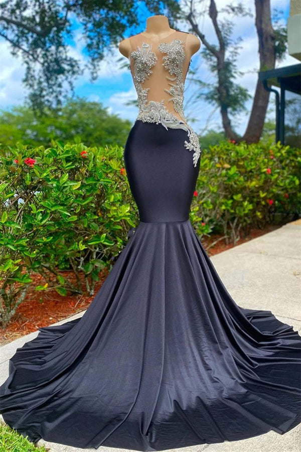 Black Long Mermaid V-neck Appliques Lace Sequined Open Back Prom Dress-showprettydress