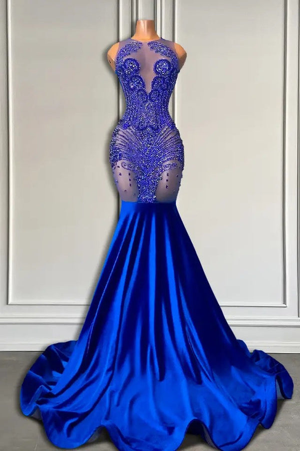 Sleeveless Royal Blue Scoop Neck Mermaid Prom Dress with Beadings