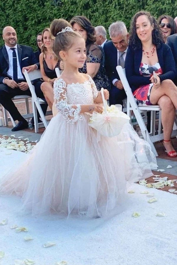 Cute Long Boho Lace Flower Girl Dresses with sleeves