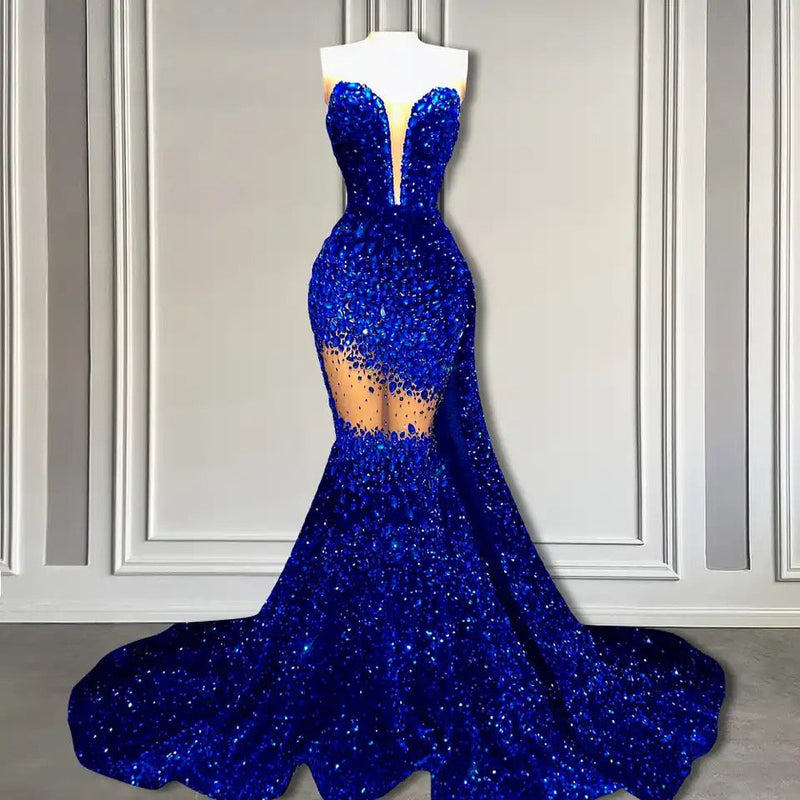 V-Neck Sequins Prom Dress Mermaid Sleeveless Crystal.