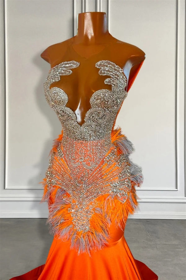 Sale: Orange Sleeveless Illusion Mermaid Prom Dresses With Beadings and Feather