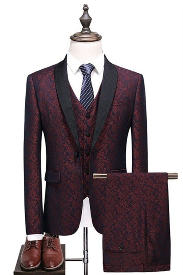 Designer Men's Suits Burgundy Check Design Prom Suits Three Pieces One Button Formal Tuxedos-showprettydress