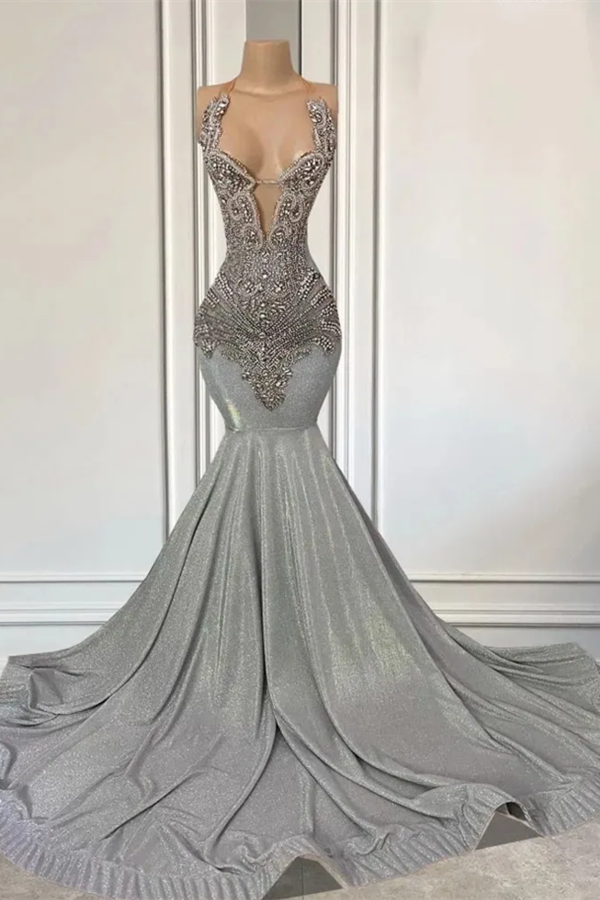 Silver Halter Mermaid Prom Dress with Beadings