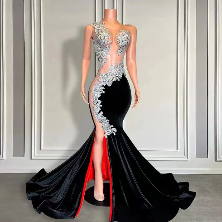 Long Black Velvet Mermaid Front Slit Prom Dress with Appliques Lace-showprettydress