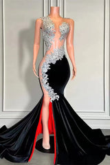 Long Black Velvet Mermaid Front Slit Prom Dress with Appliques Lace-showprettydress
