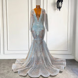 Long Deep V-Neck Mermaid Prom Dress with Sleeves-showprettydress