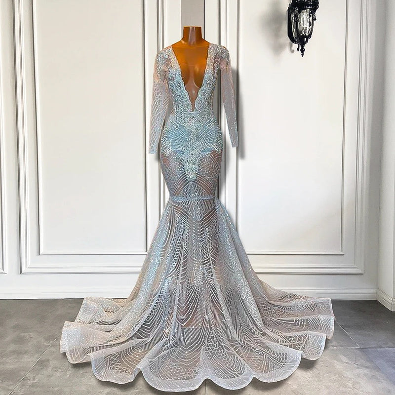 Long Deep V-Neck Mermaid Prom Dress with Sleeves-showprettydress