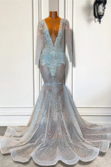 Long Deep V-Neck Mermaid Prom Dress with Sleeves-showprettydress