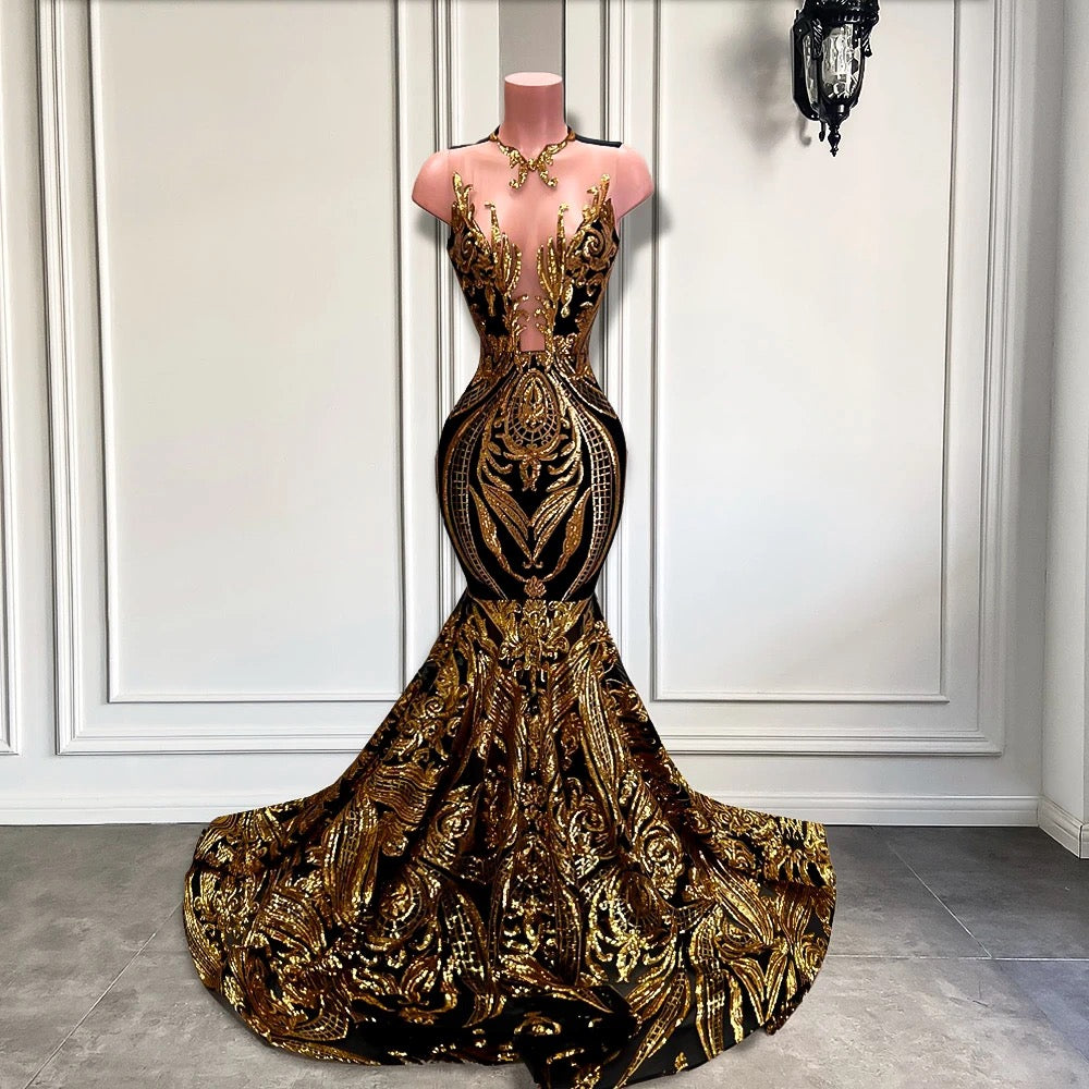 Long Gold Sequins Sleeveless Mermaid Prom Dresses-showprettydress