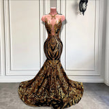 Long Gold Sequins Sleeveless Mermaid Prom Dresses-showprettydress