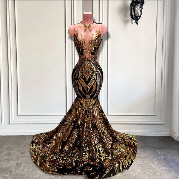 Long Gold Sequins Sleeveless Mermaid Prom Dresses-showprettydress