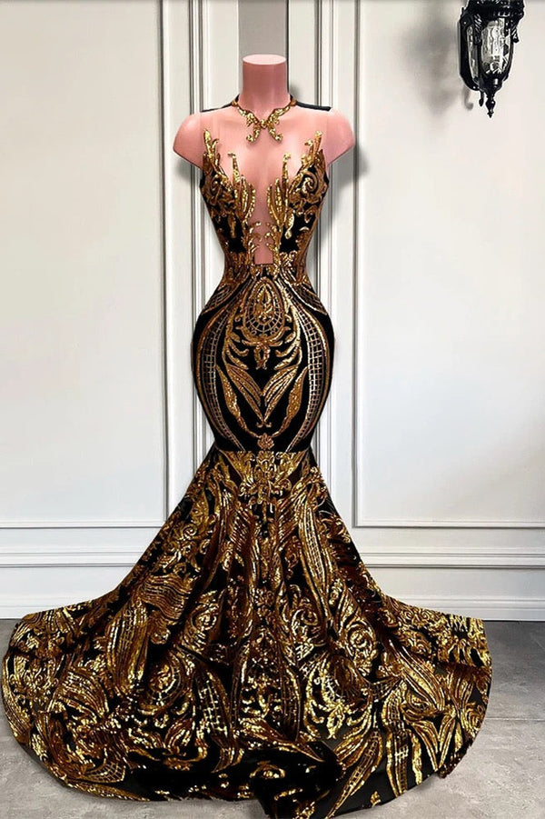 Long Gold Sequins Sleeveless Mermaid Prom Dresses-showprettydress