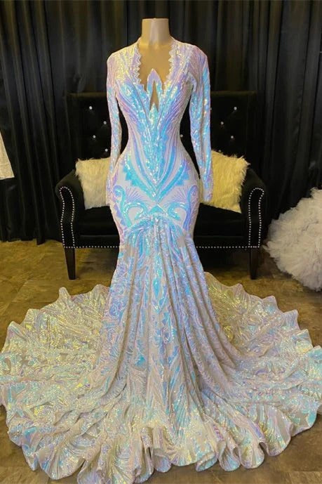 Long Mermaid Asymmetrical Sequined Appliques Lace Prom Dress with Sleeves-showprettydress