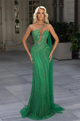 Long Mermaid Asymmetrical Sequined Open Back Sleeveless Tulle Prom Dress-showprettydress