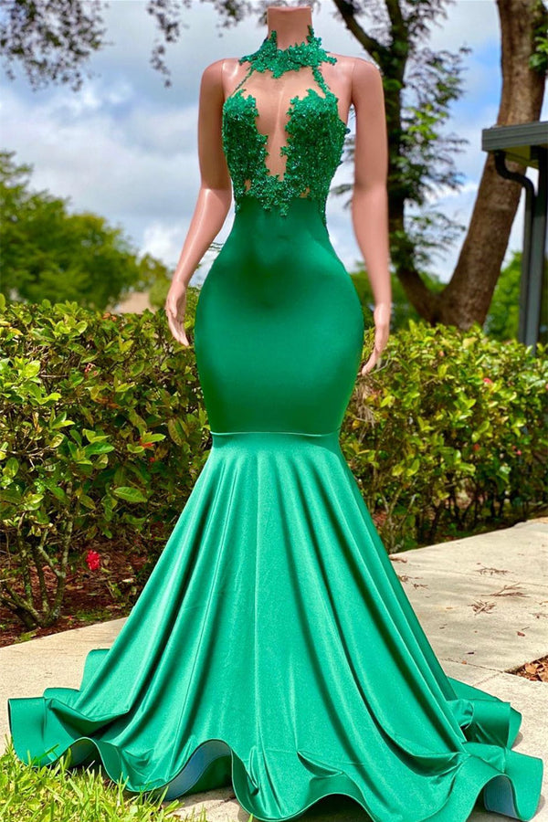 Long Mermaid High Neck Appliques Lace Sequined Open Back Prom Dress