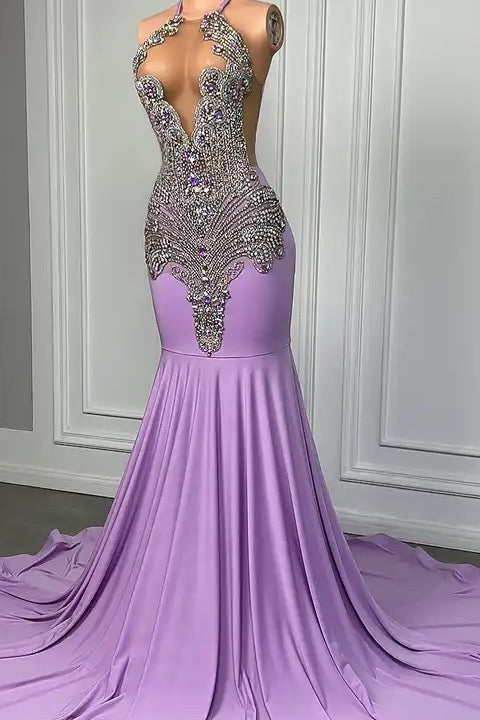 Long Mermaid Sleeveless Halter V-neck Prom Dress With Beadings-showprettydress