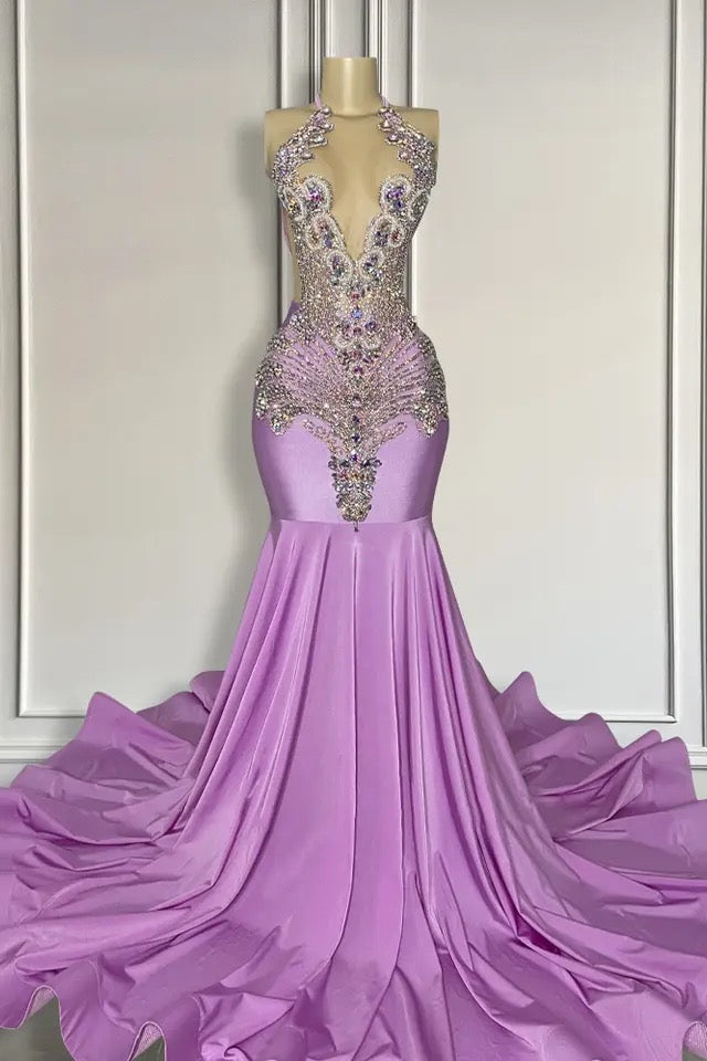 Long Mermaid Sleeveless Halter V-neck Prom Dress With Beadings-showprettydress