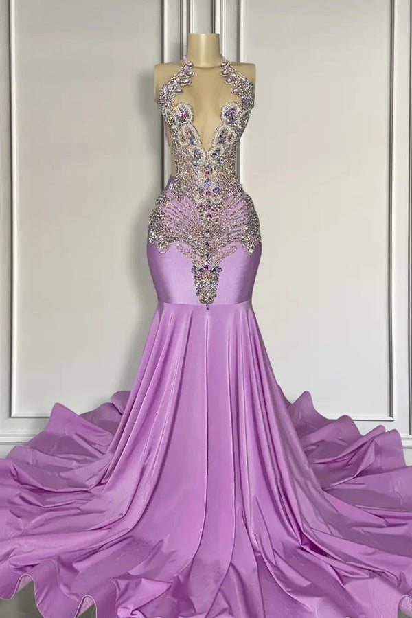Long Mermaid Sleeveless Halter V-neck Prom Dress With Beadings-showprettydress