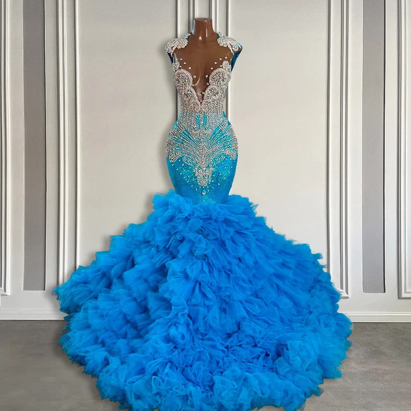 Elegant Long Mermaid Ruffles Satin Beading Tulle Prom Dress with Sleeves main image 1