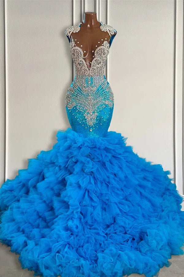 Mermaid Beadings Prom Dress with Tulle Ruffle and Sleeveless Split