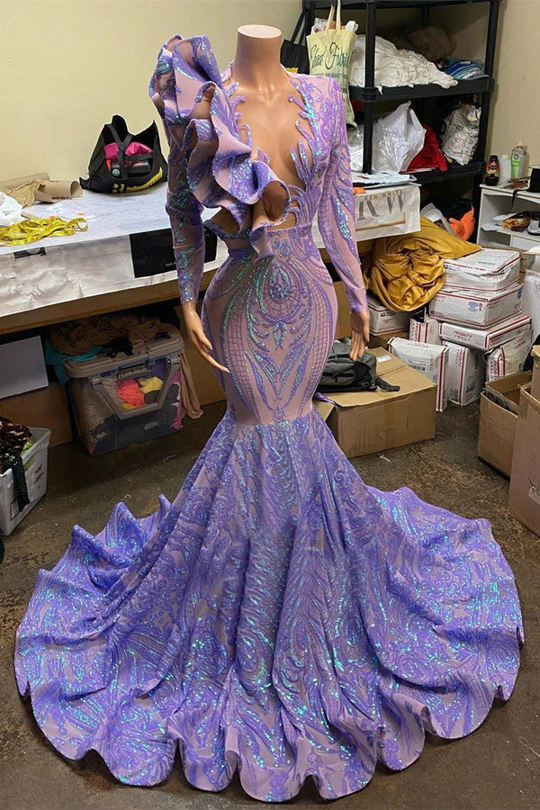 Long Mermaid V-neck Appliques Lace Sequined Open Back Prom Dress with Sleeves-showprettydress