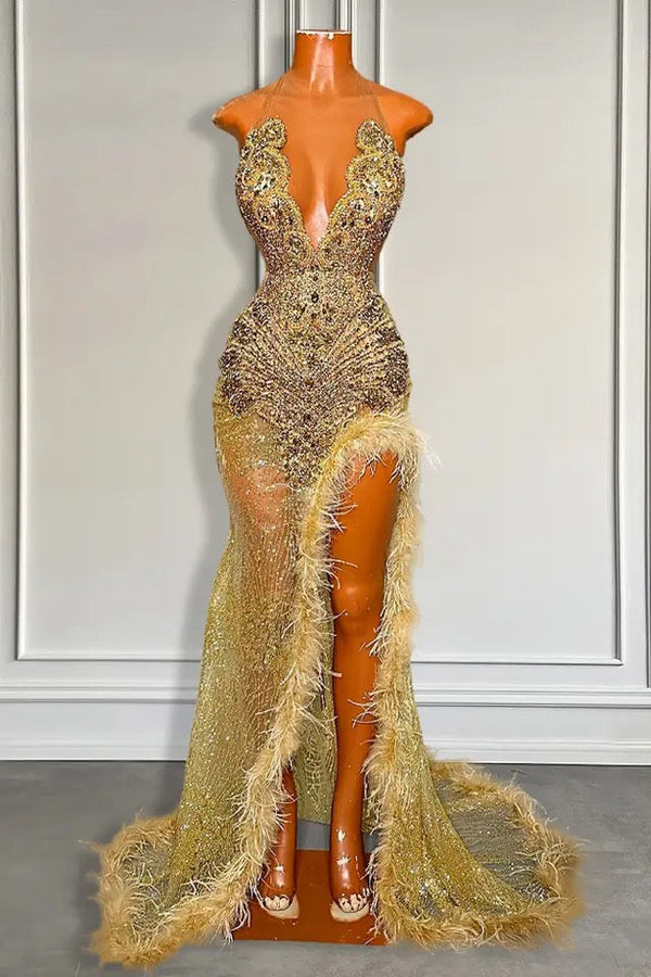 Long Sequins Sleeveless Mermaid Prom Dress with High Slit-showprettydress