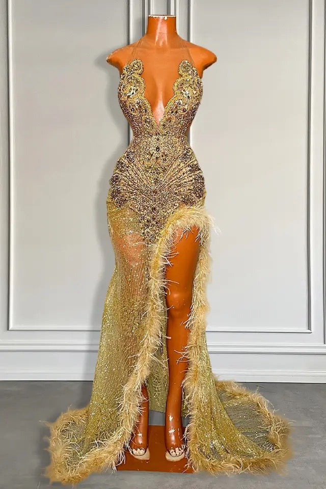 Long Sequins Sleeveless Mermaid Prom Dress with High Slit-showprettydress