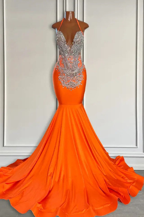 Long Sleeveless V-Neck Halter Mermaid Prom Dress With Beadings-showprettydress