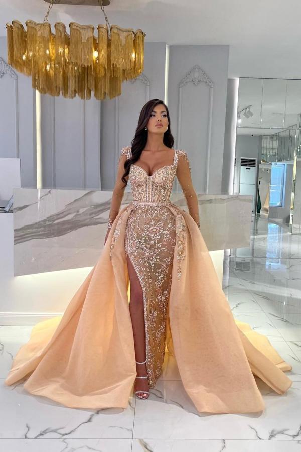 Long Sleeves Mermaid Sweetheart Tulle Front Slit Prom Dresses With Detachable Train-showprettydress