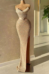 Long Strapless Sweetheart Mermaid Sequins Prom Dress with Slit-showprettydress