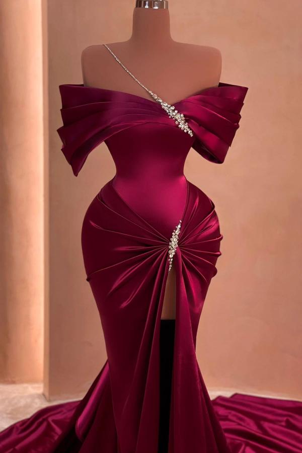 Mermaid Off-the-shoulder Satin Long Split Front Prom Dresses With Beads-showprettydress