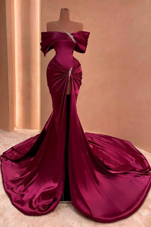 Mermaid Off-the-shoulder Satin Long Split Front Prom Dresses With Beads-showprettydress