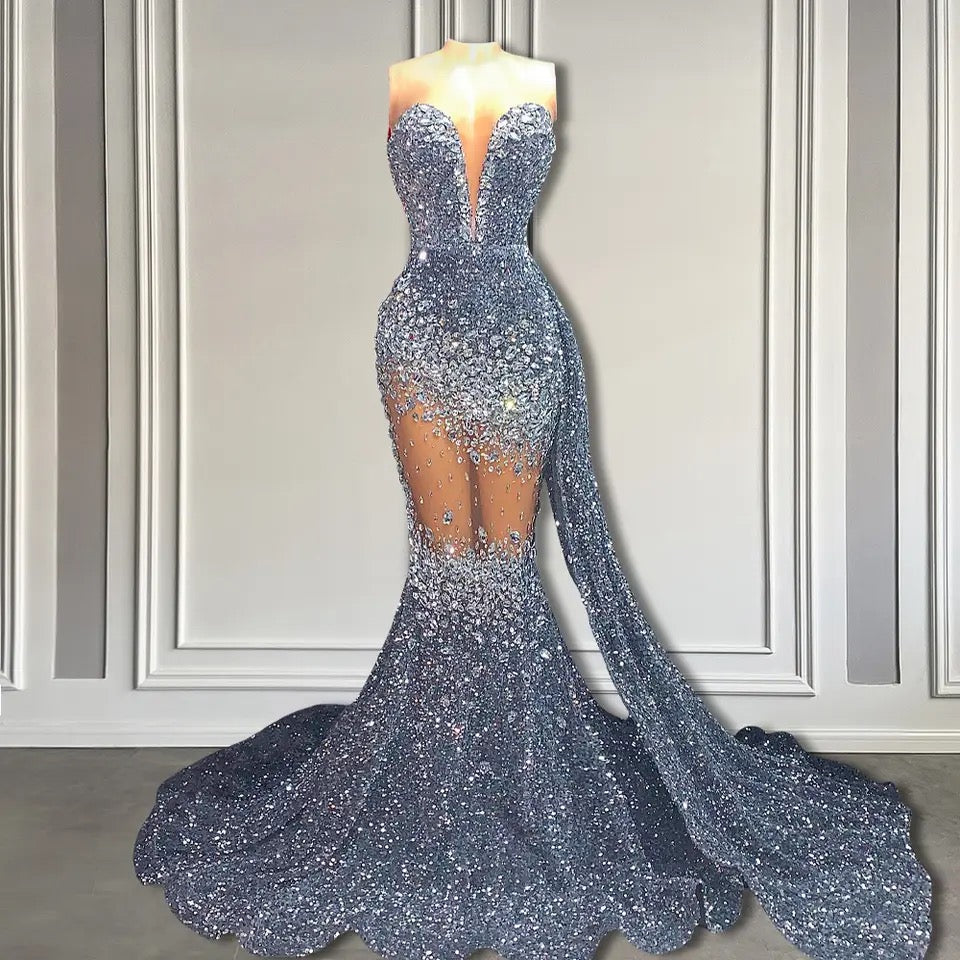 Mermaid Sleeveless V-Neck Sequins Long Prom Dresses-showprettydress