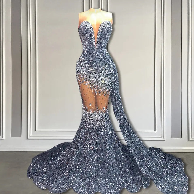 Mermaid Sleeveless V-Neck Sequins Long Prom Dresses-showprettydress