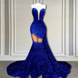 Mermaid Sleeveless V-Neck Sequins Long Prom Dresses-showprettydress