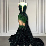 Mermaid Sleeveless V-Neck Sequins Long Prom Dresses-showprettydress