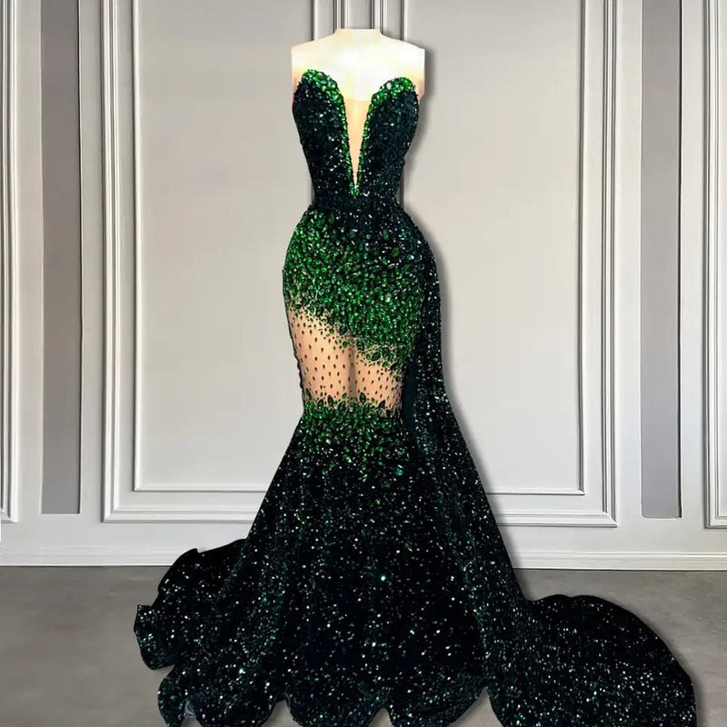 Mermaid Sleeveless V-Neck Sequins Long Prom Dresses-showprettydress
