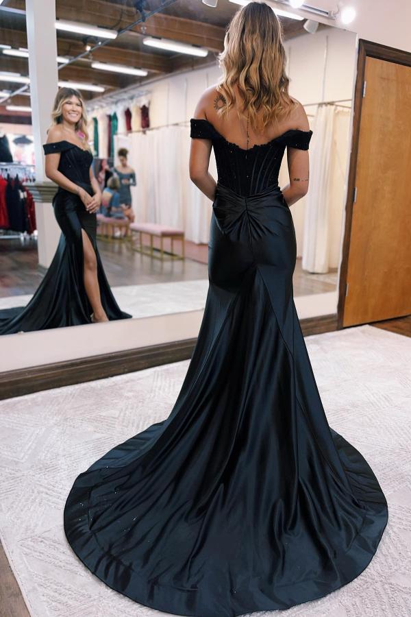 Off-the-shoulder Mermaid Satin Lace Long Prom Dresses With Slit-showprettydress