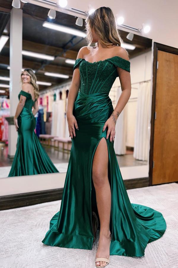 Off-the-shoulder Mermaid Satin Lace Long Prom Dresses With Slit-showprettydress