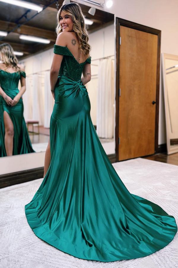 Off-the-shoulder Mermaid Satin Lace Long Prom Dresses With Slit-showprettydress