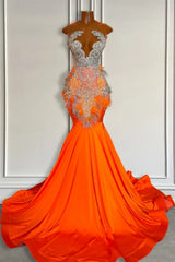 Orange Long Sleeveless Illusion Mermaid Prom Dresses With Beadings-showprettydress