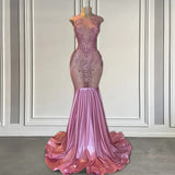 Pink Long Sleeveless Satin Lace Mermaid Prom Dress-showprettydress