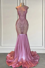 Pink Long Sleeveless Satin Lace Mermaid Prom Dress-showprettydress