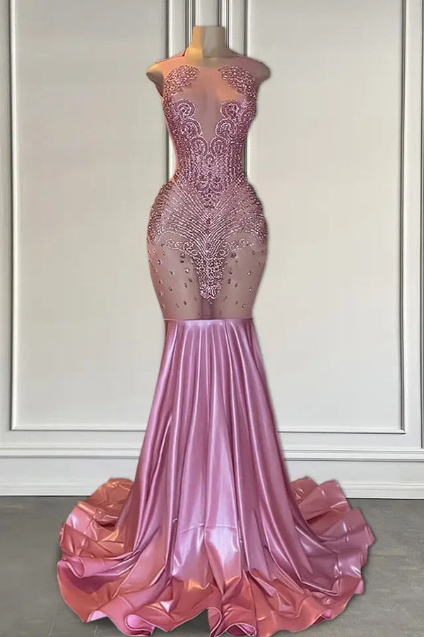Pink Long Sleeveless Satin Lace Mermaid Prom Dress-showprettydress