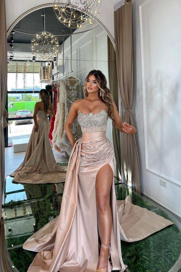 Pink Mermaid Strapless Satin Long Beading Prom Dresses With Split-showprettydress