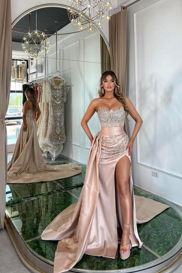 Pink Mermaid Strapless Satin Long Beading Prom Dresses With Split-showprettydress