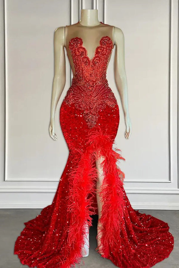 Red Long Mermaid Sequins Sleeveless Prom Dress with Split-showprettydress