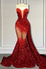 Red Mermaid Sweetheart Sequins Long Prom Dress-showprettydress