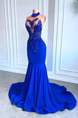 Royal Blue Long High Neck Sleeveless Mermaid Prom Dress-showprettydress