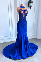 Royal Blue Long High Neck Sleeveless Mermaid Prom Dress-showprettydress